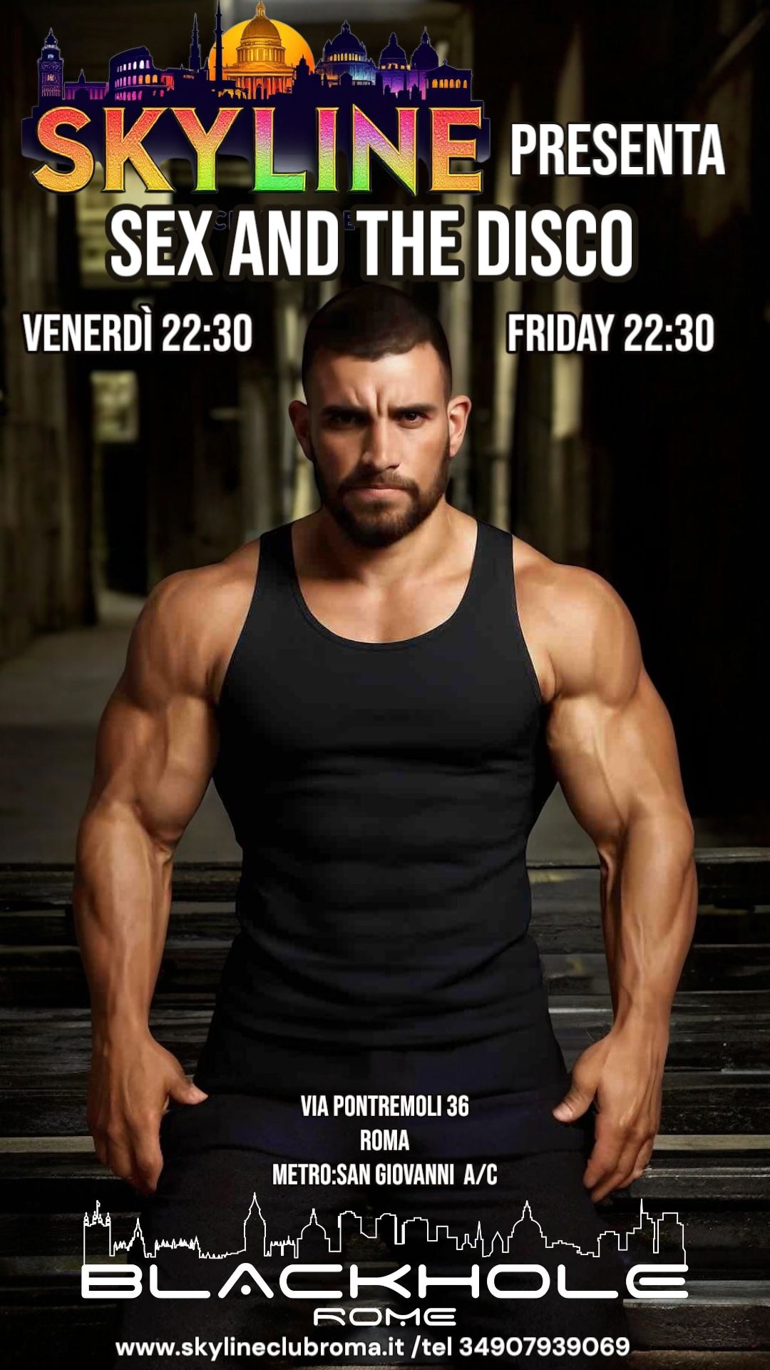 Locandina Sex and Disco Inclusive Night con DJ Marco Mundo e DJ Alex Mari al Skyline Club Roma, discoteca LGBT+ con darkroom, cabine private e glory hole.
