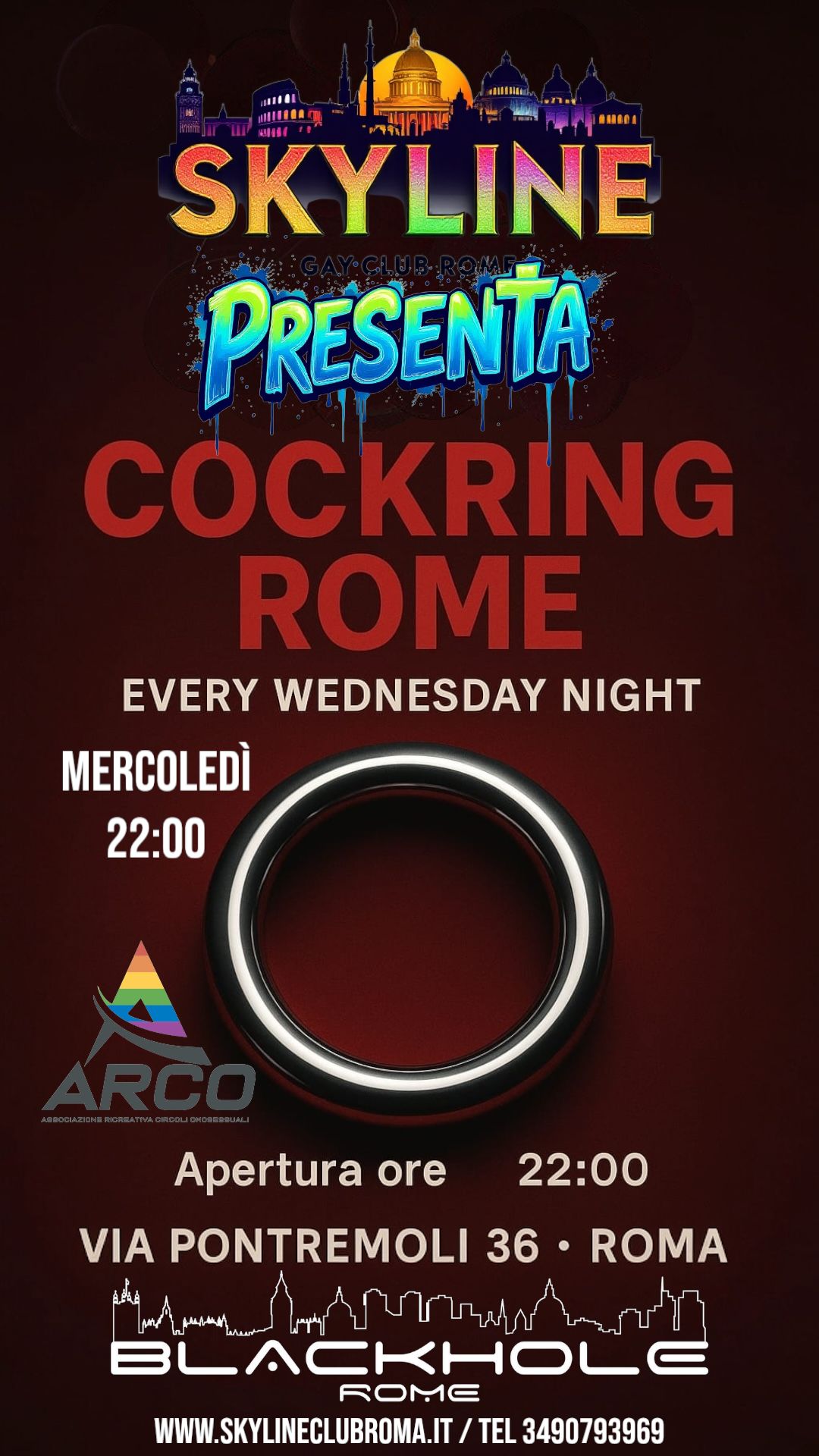 Locandina ufficiale della serata Cockring Rome allo Skyline Club Roma, evento esclusivo per uomini ogni mercoledì
